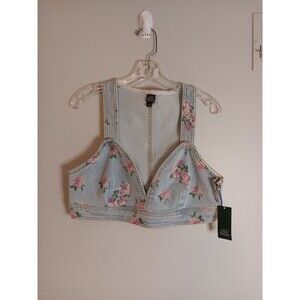 Wild Fable Triangle Cup Light Denim Floral V-Neck Cropped Tank Top Size Large